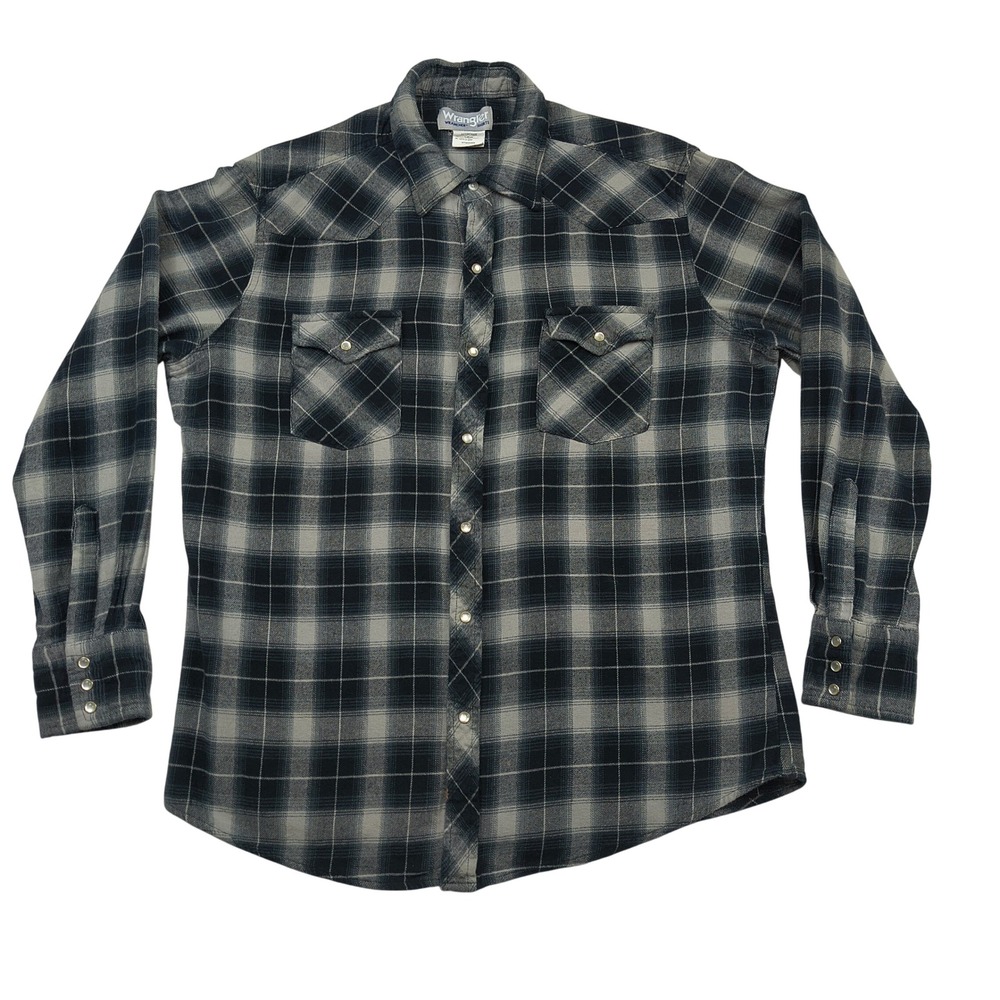 Wrangler Wrancher Mens Large Black Gray Plaid Pearl Snap Western Shirt WTMH63003